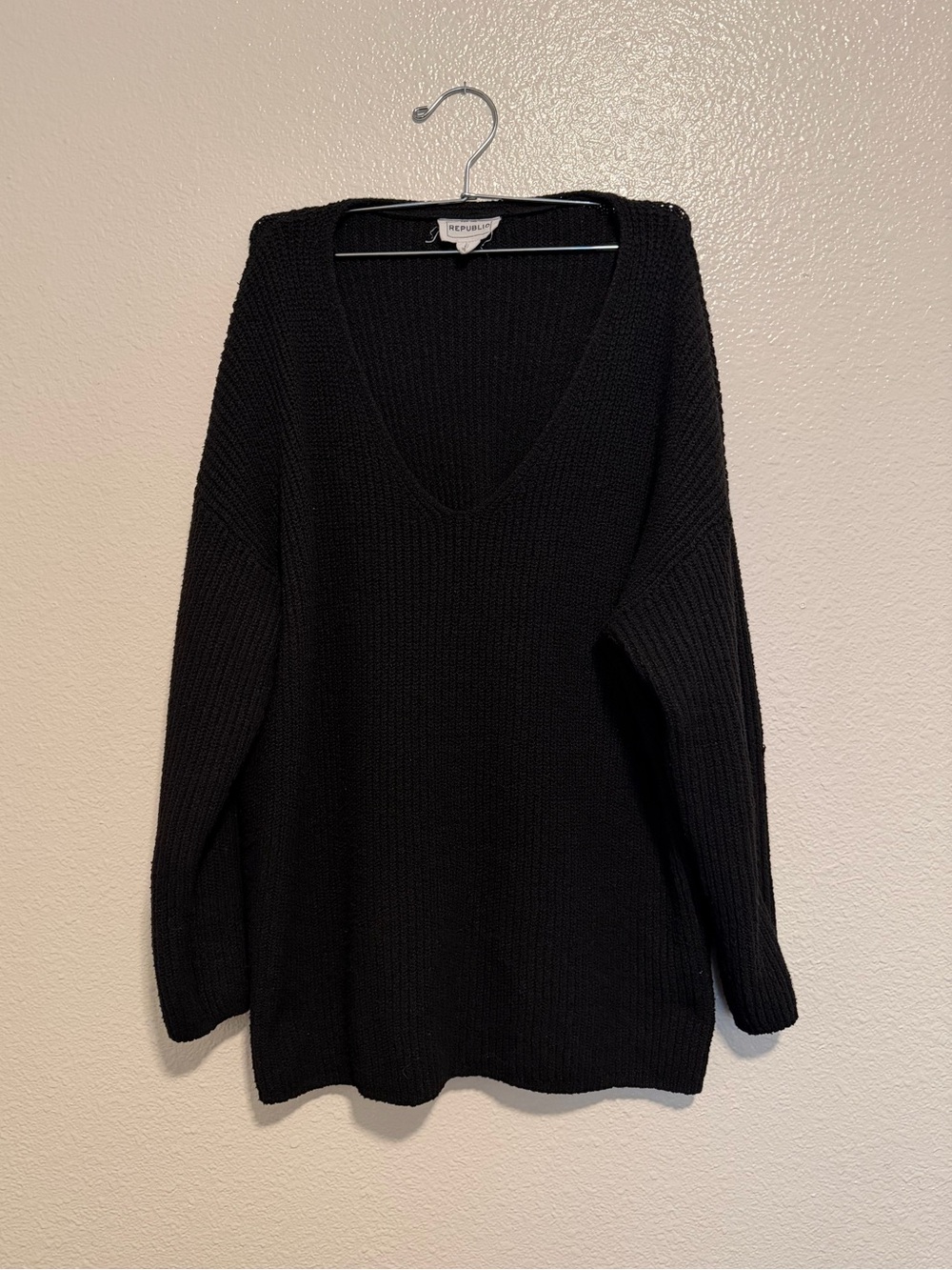 For The Republic Black V-Neck Chunky Knit Sweater